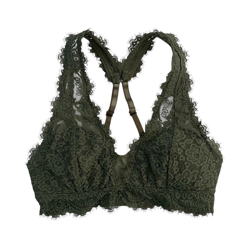 Aerie Romantic Eyelash Lace Plunge Bralette Green Women's Size XXS 30A 30B 32AA